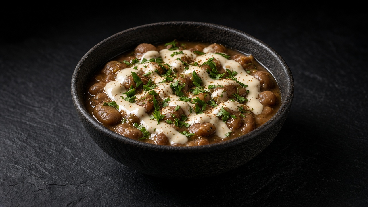 Fava beans in a bowl with a zig-zag of white tahini sauce and parsley.