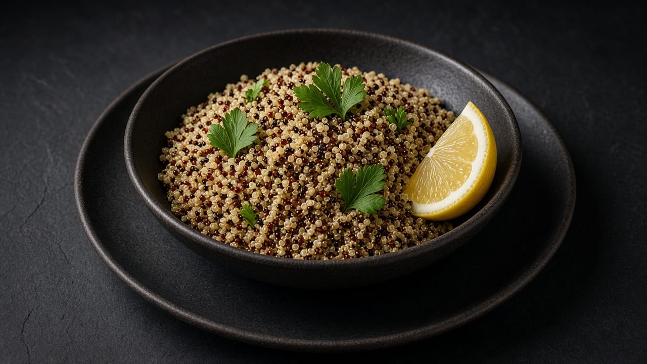 A bowl of fluffy white, red and black quinoa with chopped parsley and lemon wedges on the side.