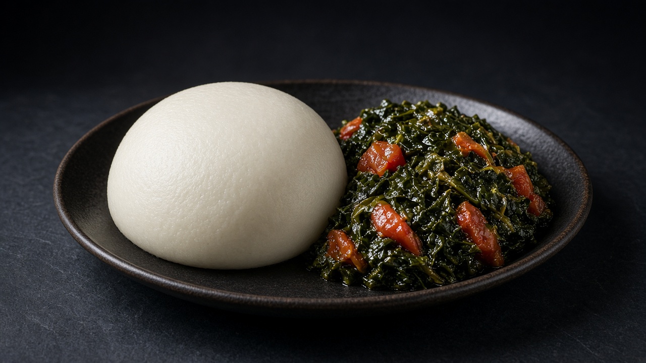 A smooth white dome of ugali beside sautéed shredded greens with tomato.