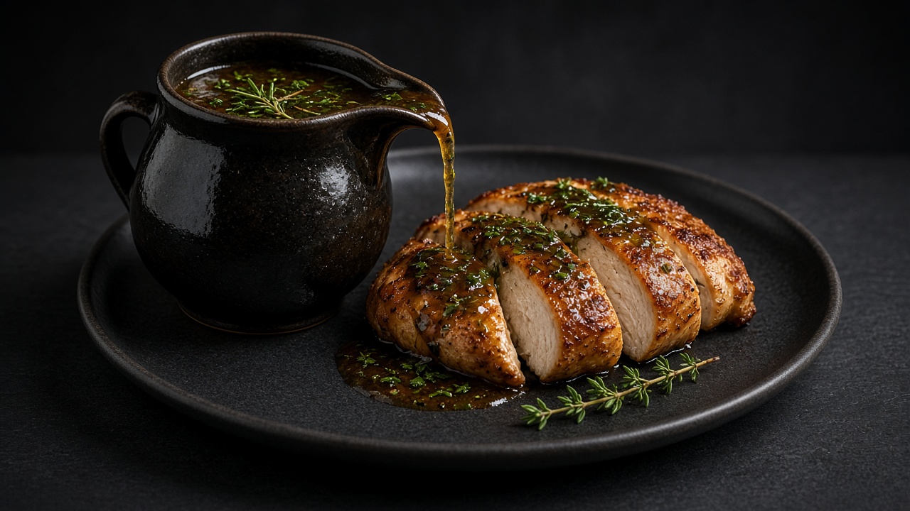 A jug of herb gravy with thyme being poured over sliced roast chicken scattered with thyme sprigs.