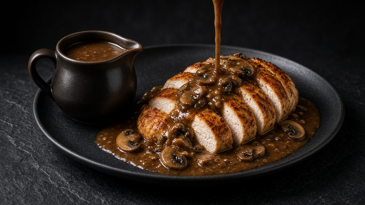 Mushroom gravy with sliced mushrooms poured over sliced roast chicken, with a small jug of gravy on the side.