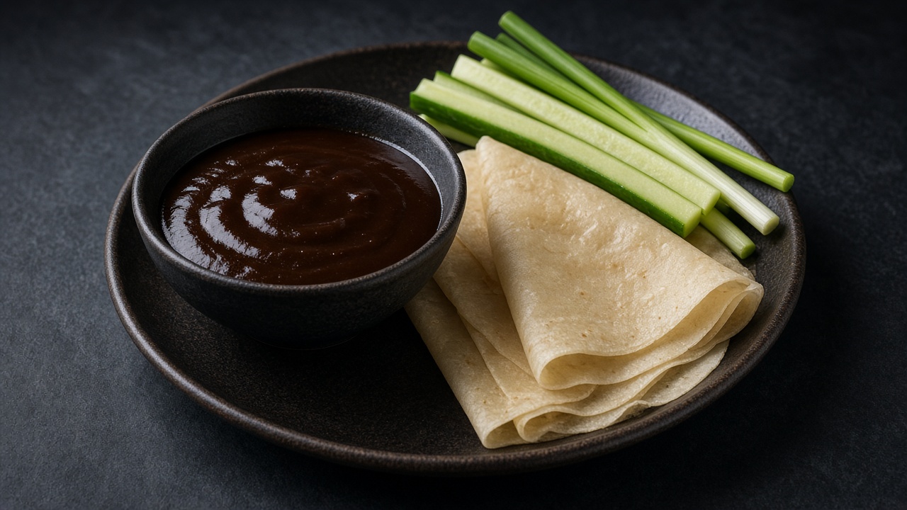 A bowl of dark hoisin sauce with thin pancakes, cucumber batons and spring onion.
