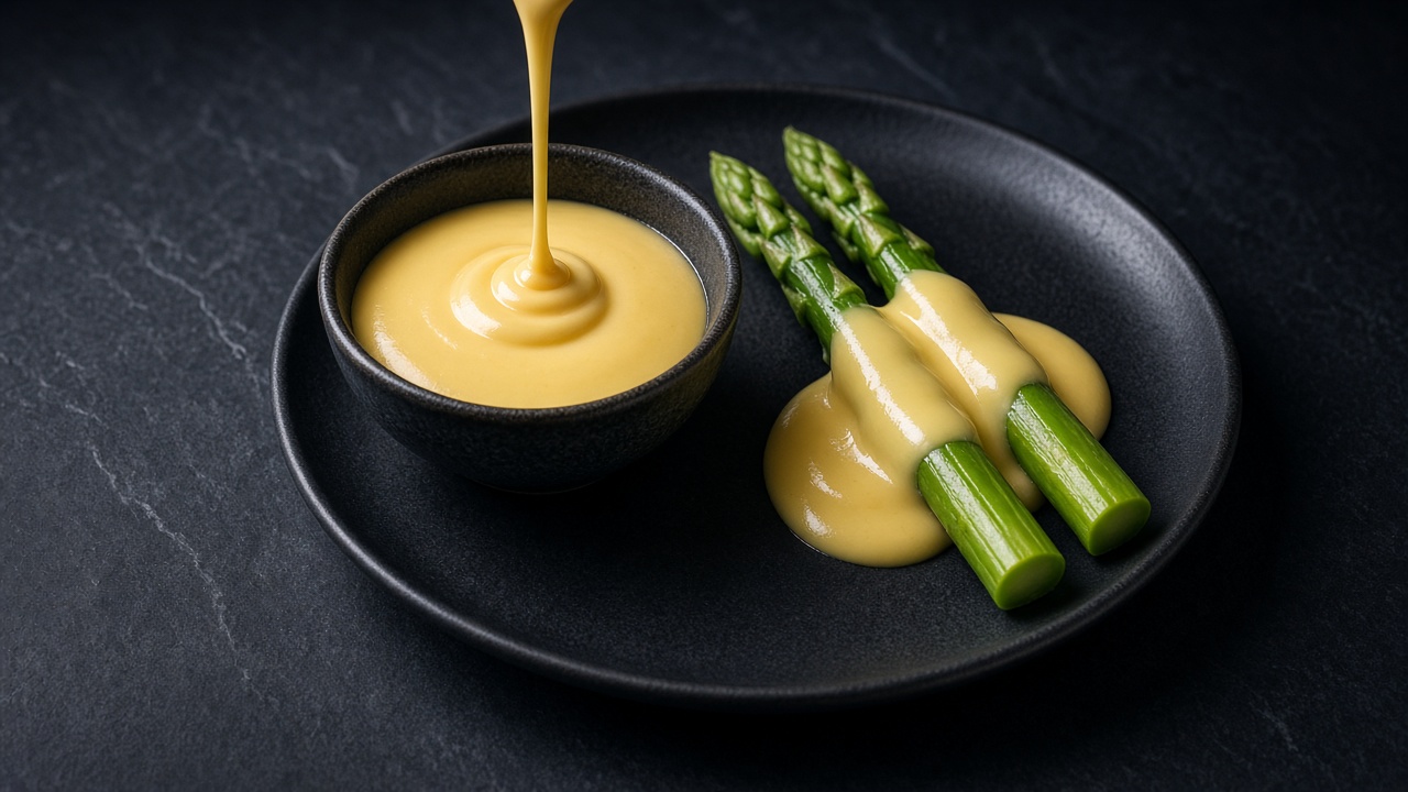 Pale yellow hollandaise sauce spooned over bright green asparagus spears.
