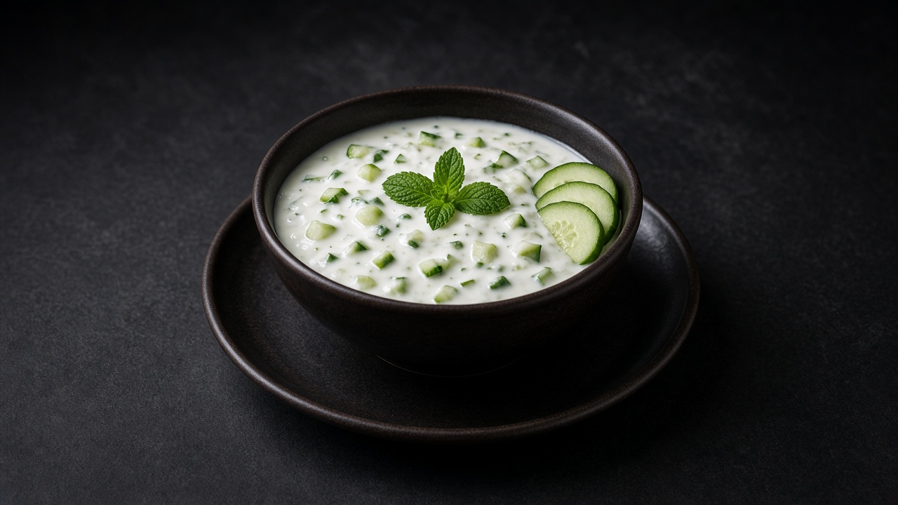 A dark bowl of creamy white raita flecked with green herbs, topped with coriander leaves and thin cucumber slices.