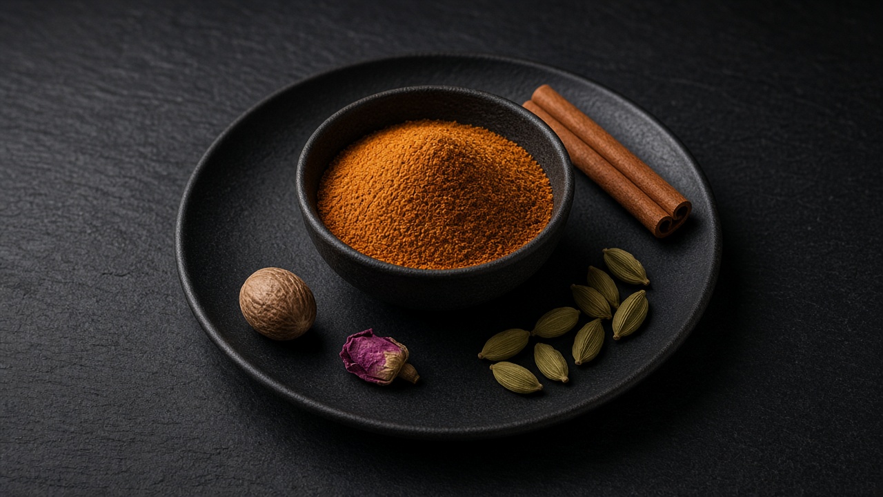 A bowl of russet ras el hanout spice blend with cinnamon stick, cardamom pods and nutmeg.