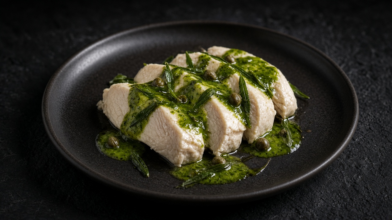 A pale, flaky piece of poached fish topped with a colourful, chunky tomato and herb dressing.