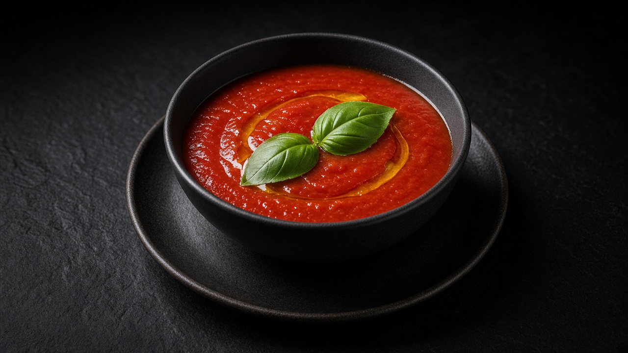 A bowl of smooth, bright red tomato sauce topped with fresh basil leaves.