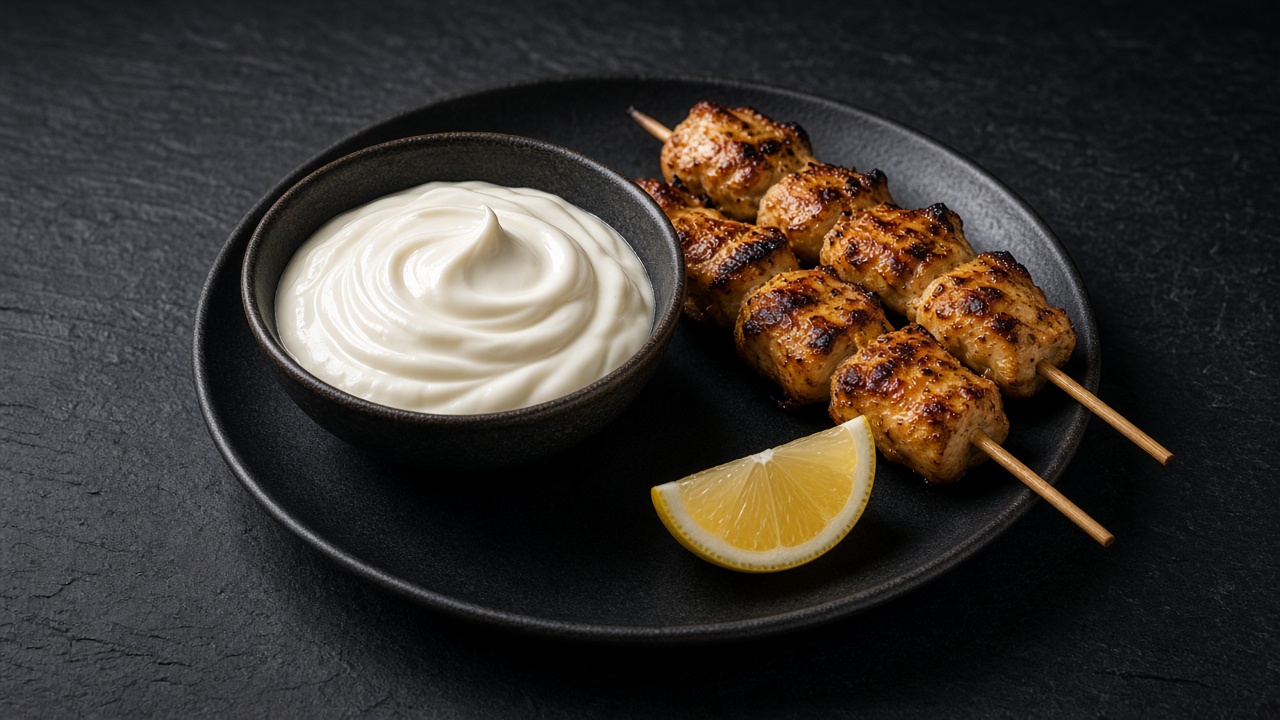 A dark bowl of thick, fluffy white garlic toum beside grilled chicken skewers and a lemon wedge.