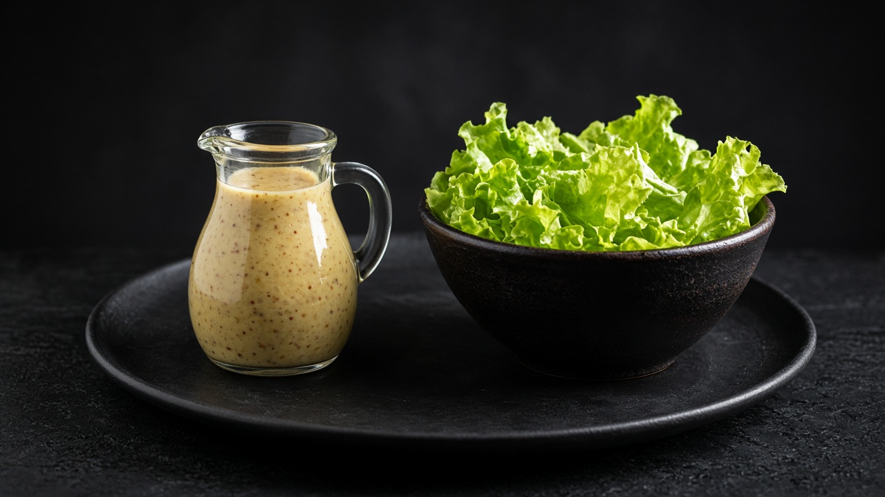 A small jug of creamy, herb-flecked mustard vinaigrette with flecks of green herbs throughout.