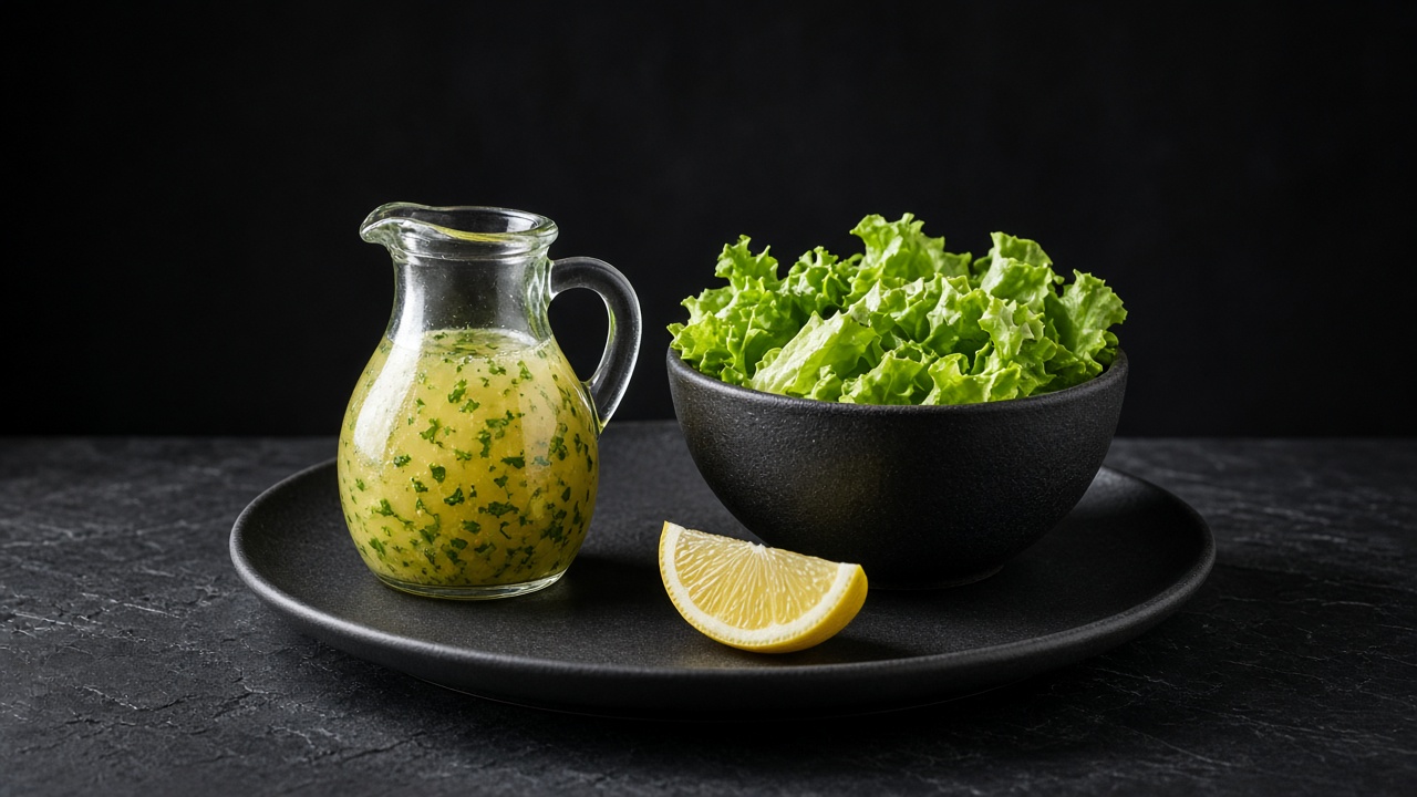 A small glass jug of herb-flecked lemon vinaigrette beside a dark bowl of green salad leaves and a lemon wedge.