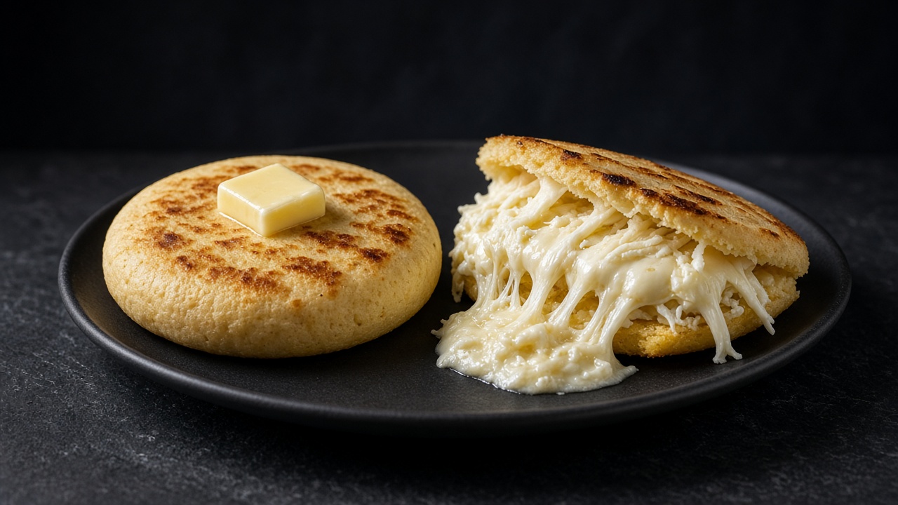 Golden cheese-stuffed corn arepas with crisp edges, topped with butter.