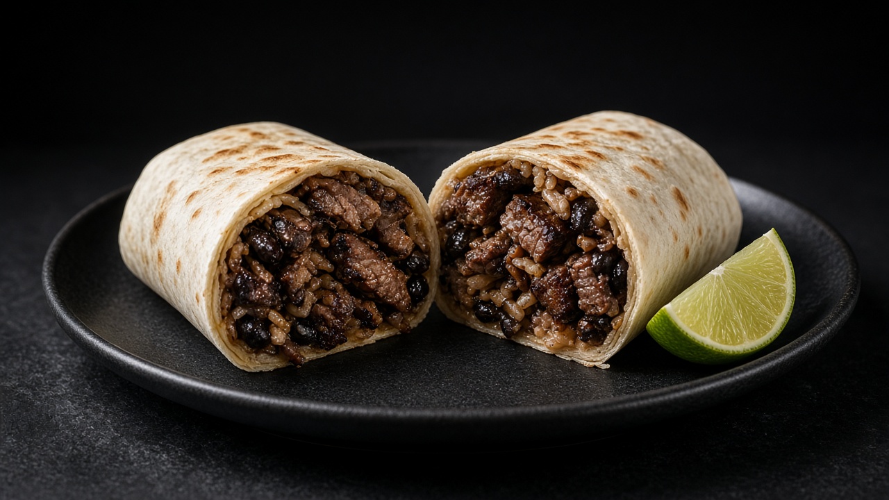 A carne asada burrito cut in half to show the charred sliced steak inside, on a dark plate with a lime wedge.