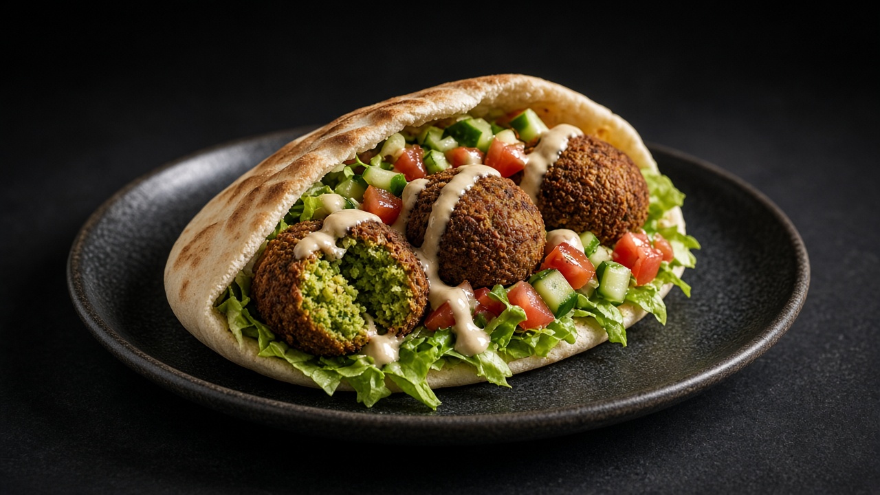 A pitta stuffed with crisp falafel, lettuce, diced tomato and a drizzle of tahini sauce.