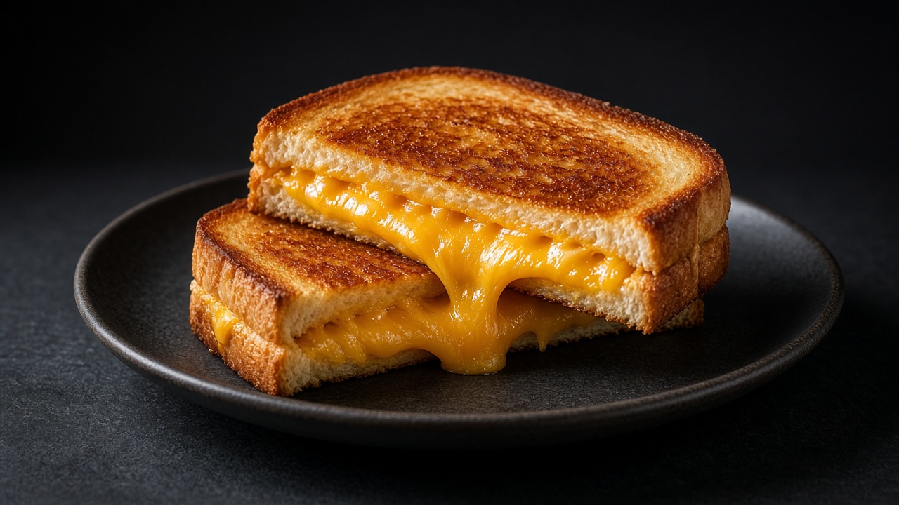 A golden grilled cheese sandwich cut in half with melted cheddar oozing out, on a dark plate.
