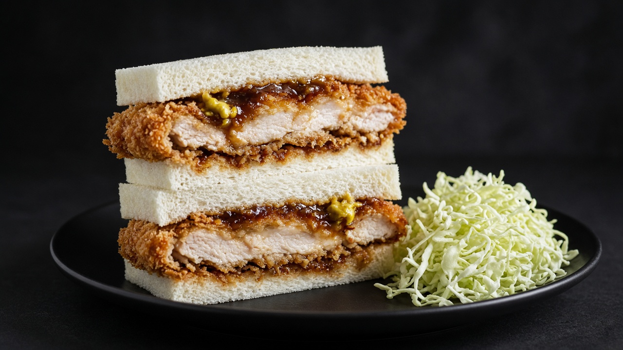 A crustless white-bread katsu sandwich cut to show a golden panko chicken cutlet and cabbage.