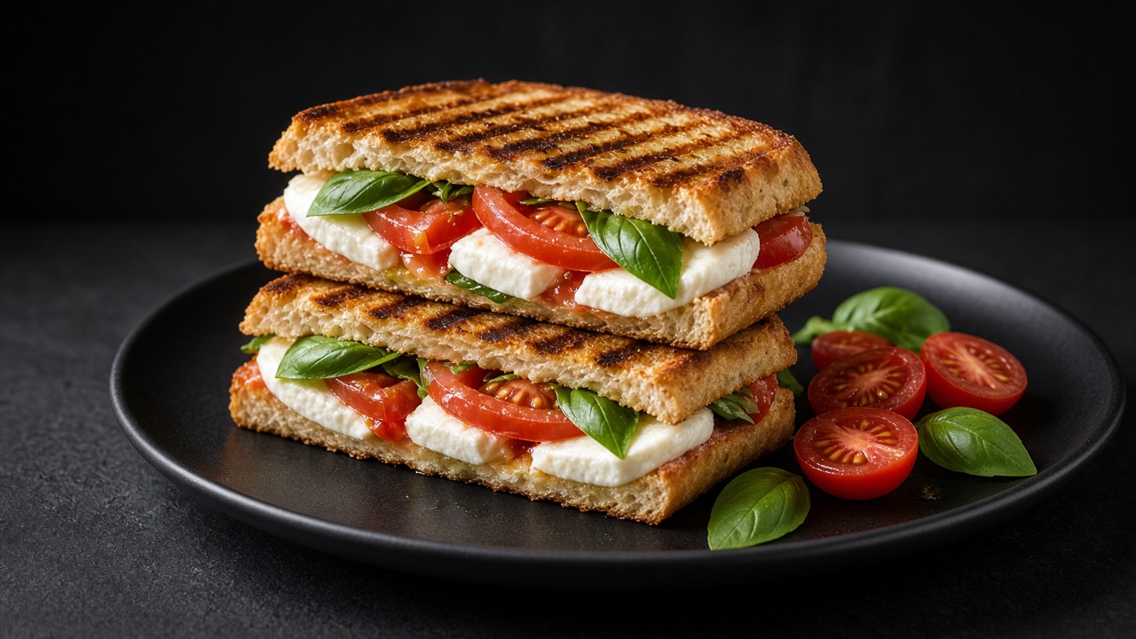 A grill-marked pressed sandwich filled with tomato, melted mozzarella and basil.