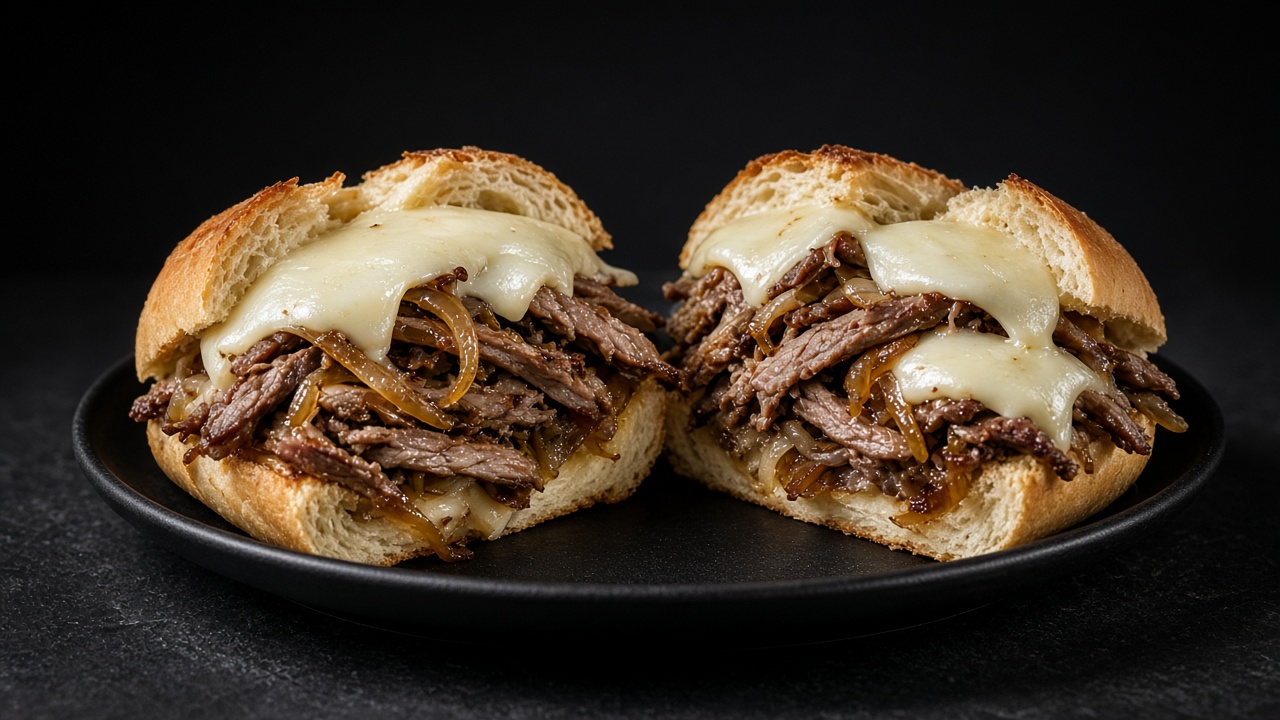 A Philly cheesesteak in a soft roll with melted white provolone over shaved beef and golden onions.