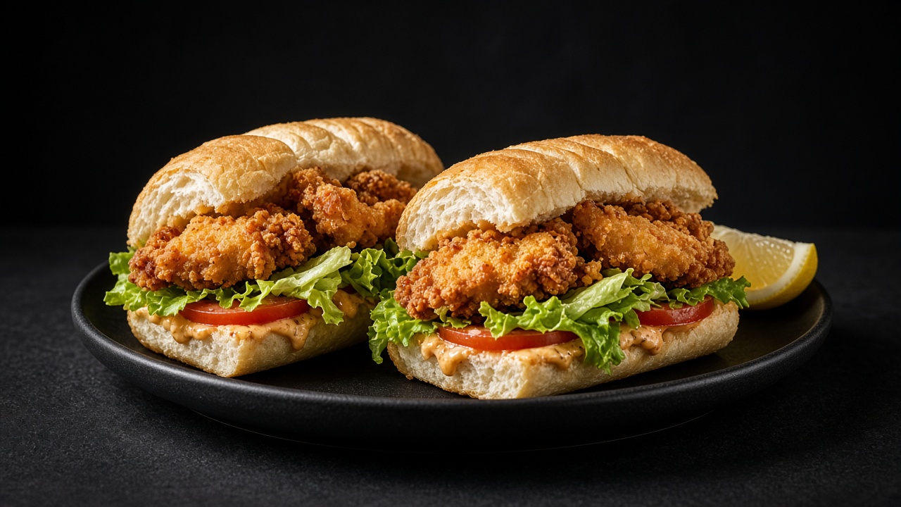 Rolls piled with crisp fried oysters on shredded lettuce and tomato.