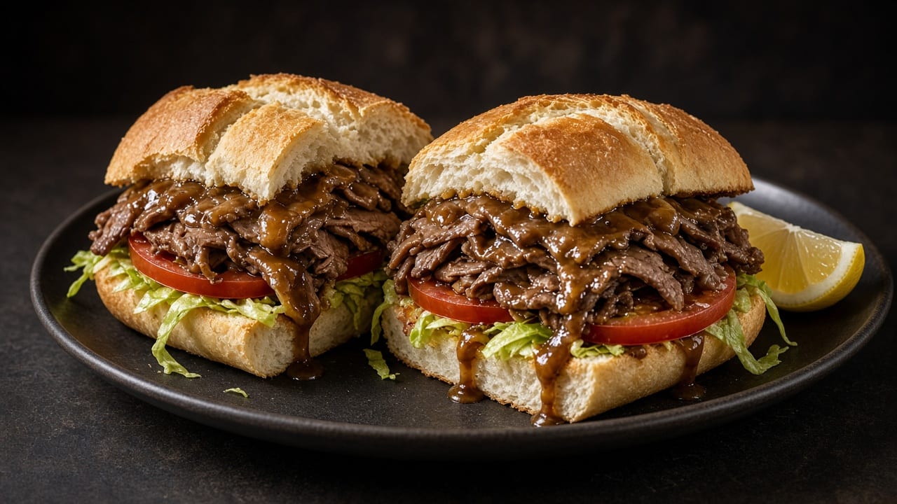Rolls packed with thin-sliced roast beef in gravy, lettuce and tomato.