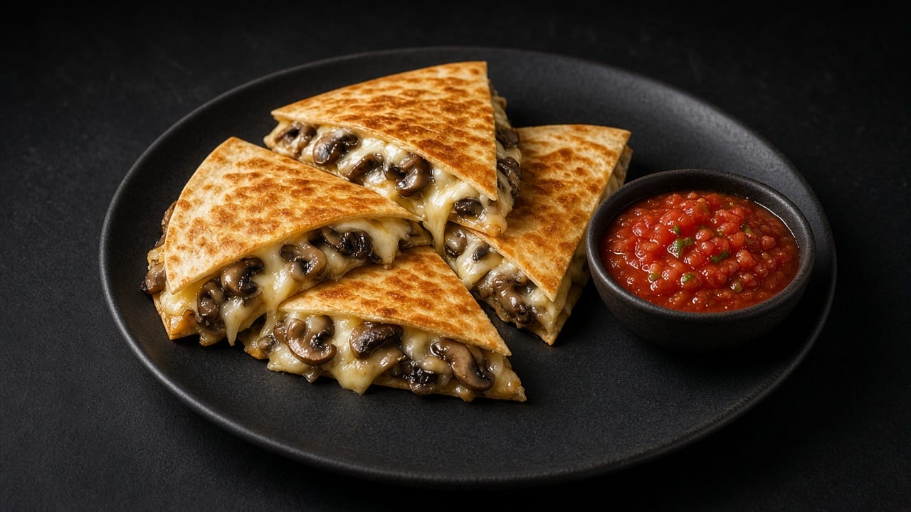 Crisp mushroom quesadilla wedges with melted cheese and herbs on a board.