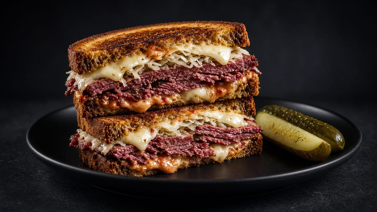 A halved toasted rye sandwich oozing melted cheese, corned beef and sauerkraut, with a bowl of pink dressing alongside.