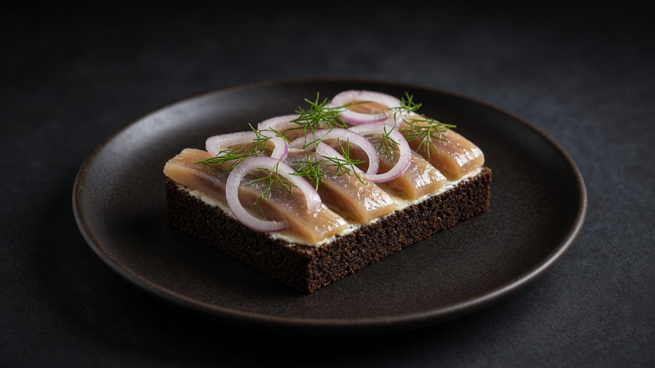 A slice of dark rye bread topped with pickled herring, red onion rings and dill.