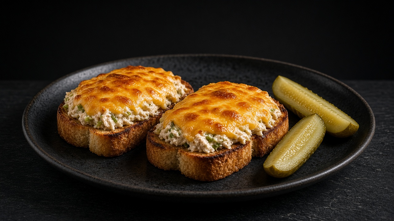 Two open-faced tuna melts with browned bubbling Cheddar on toasted bread, pickle spears on the side.
