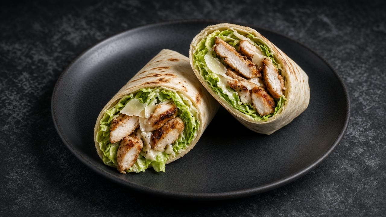 Two halves of a chicken Caesar wrap showing romaine, sliced chicken and Parmesan.