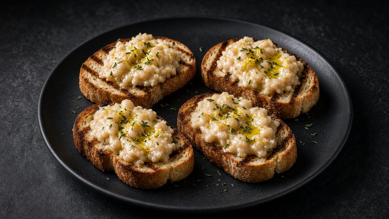 Grilled bread topped with a rough white bean mash, chopped herbs and a drizzle of olive oil.