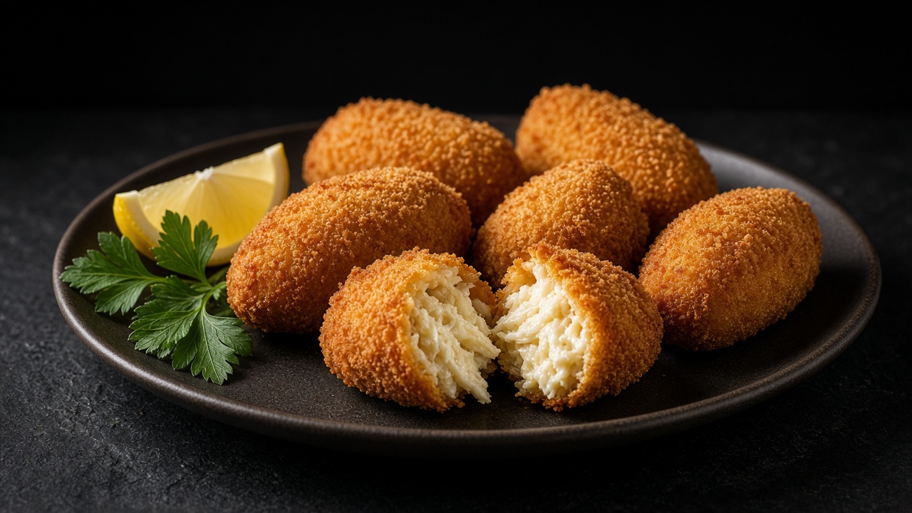 Golden breaded croquetas on a dark plate, two broken open to show creamy shredded chicken, with lemon and parsley.