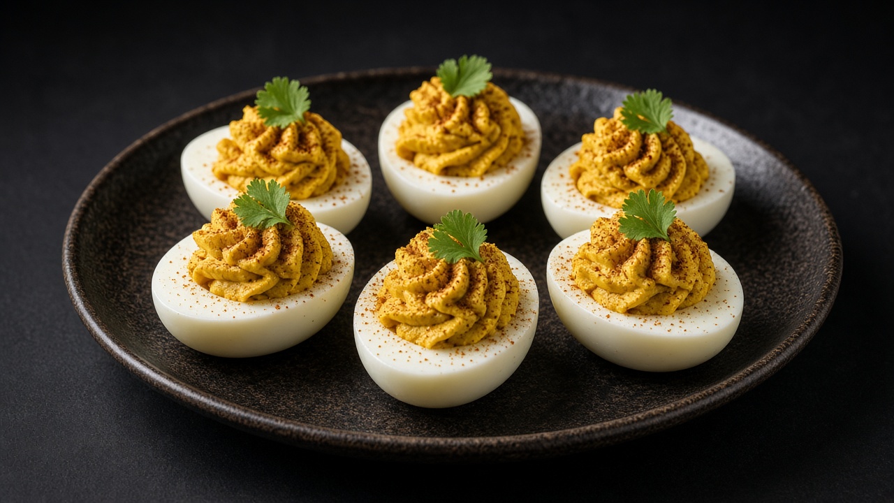Deviled eggs with deep yellow curry filling, each topped with a parsley leaf.