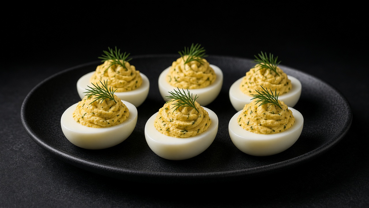 Deviled eggs with creamy filling flecked with pickle, each topped with a dill sprig.