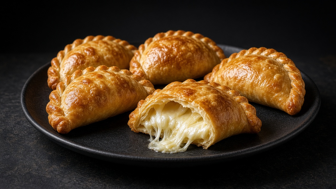 Golden baked empanadas, one pulled apart with stretchy melted cheese.