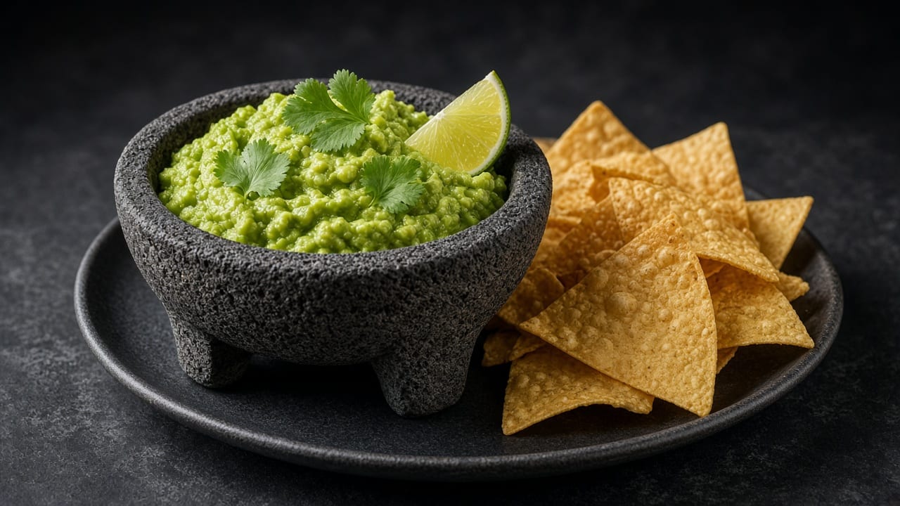 Chunky green guacamole in a stone mortar topped with coriander and a lime wedge, with tortilla chips alongside.