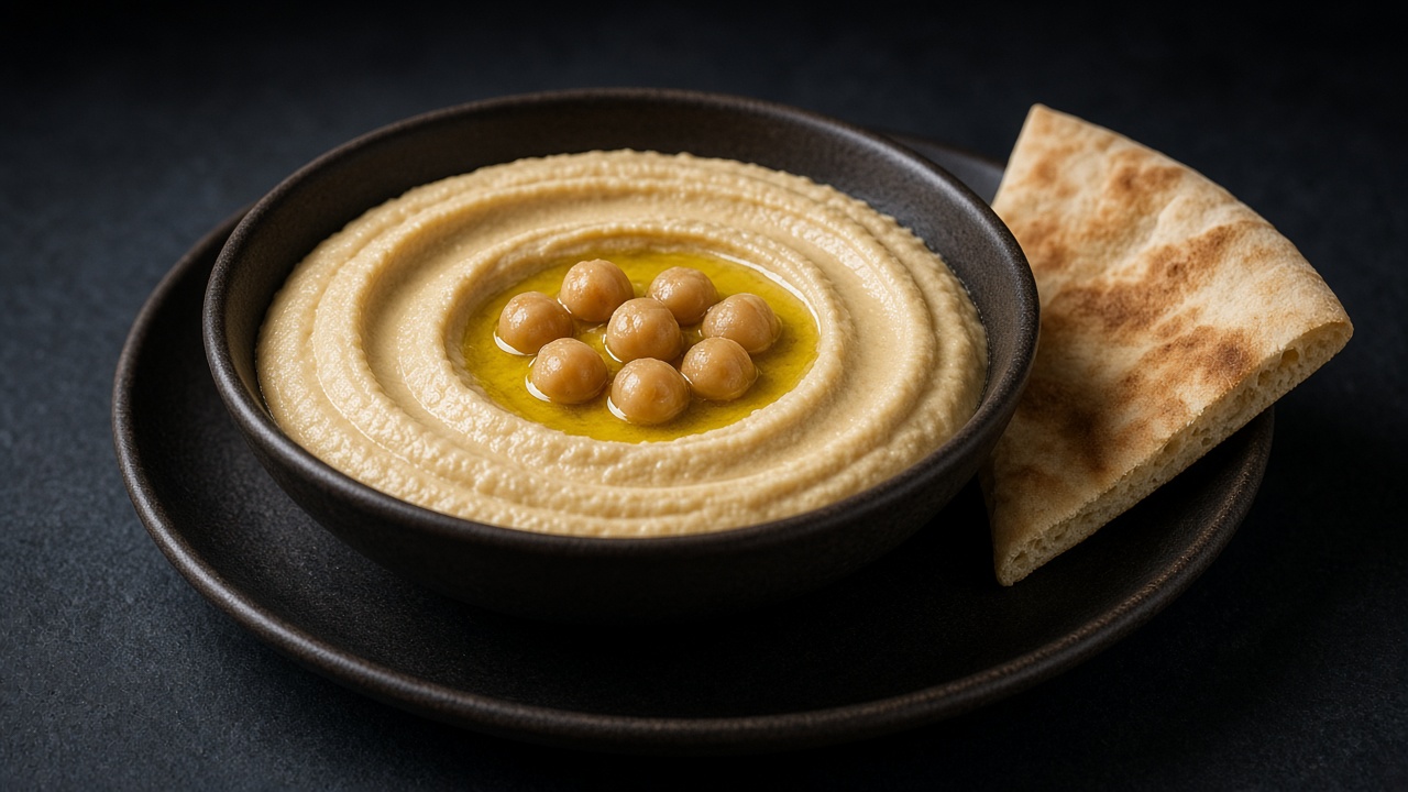 A bowl of smooth hummus topped with whole chickpeas and olive oil, with a pita wedge.
