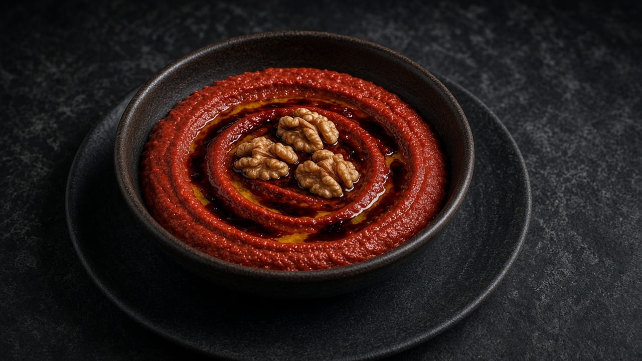 A bowl of brick-red muhammara swirled with oil and topped with walnut halves.