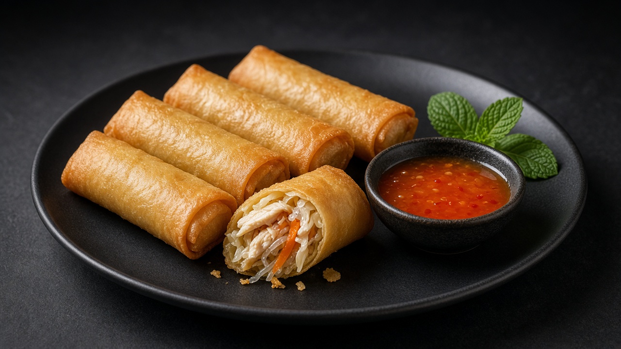 Golden fried spring rolls arranged on a plate with a small bowl of sweet chilli sauce for dipping.