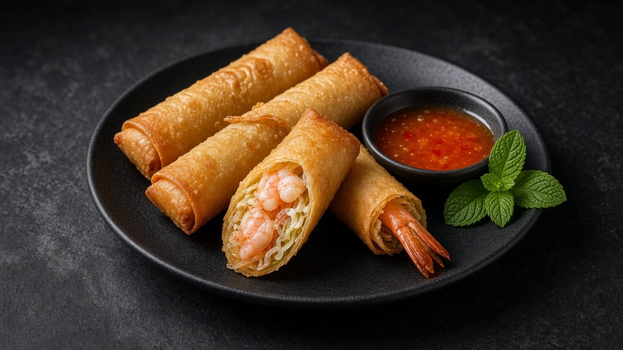 Golden fried prawn spring rolls arranged on a plate with a small bowl of sweet chilli sauce for dipping.