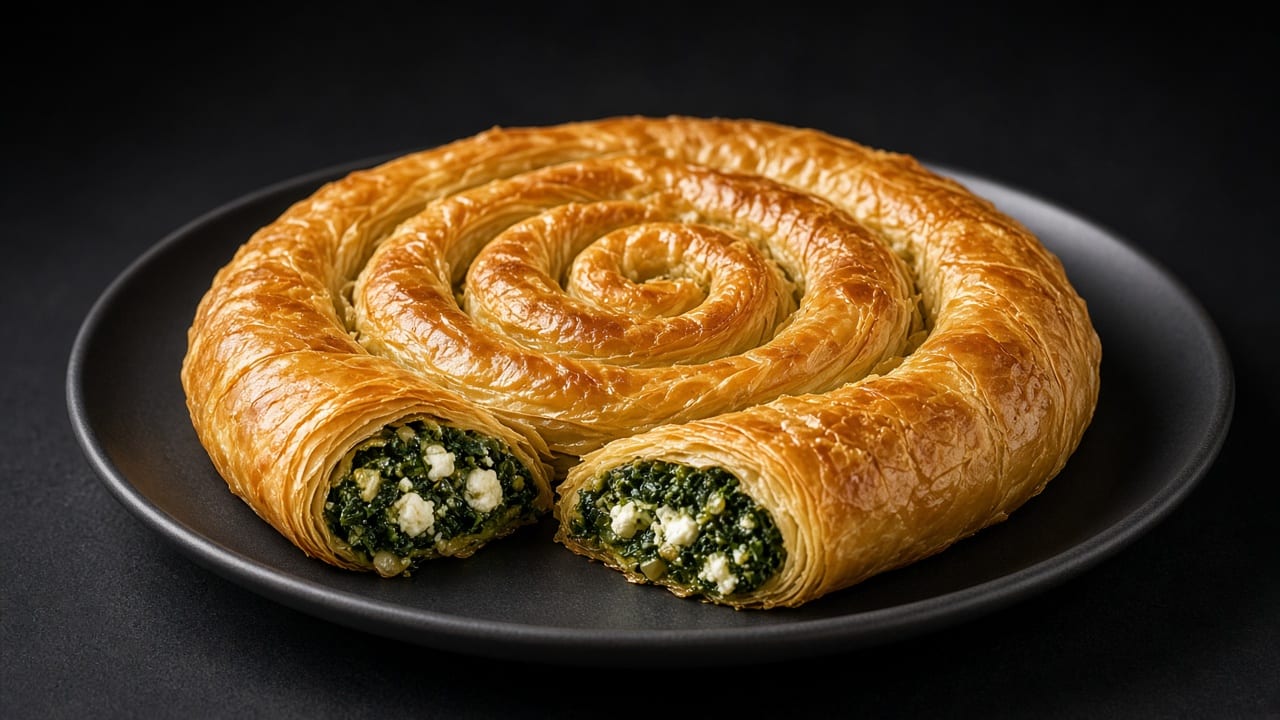 A large golden coiled filo börek on a dark plate, cut open to show a spinach and white feta filling.
