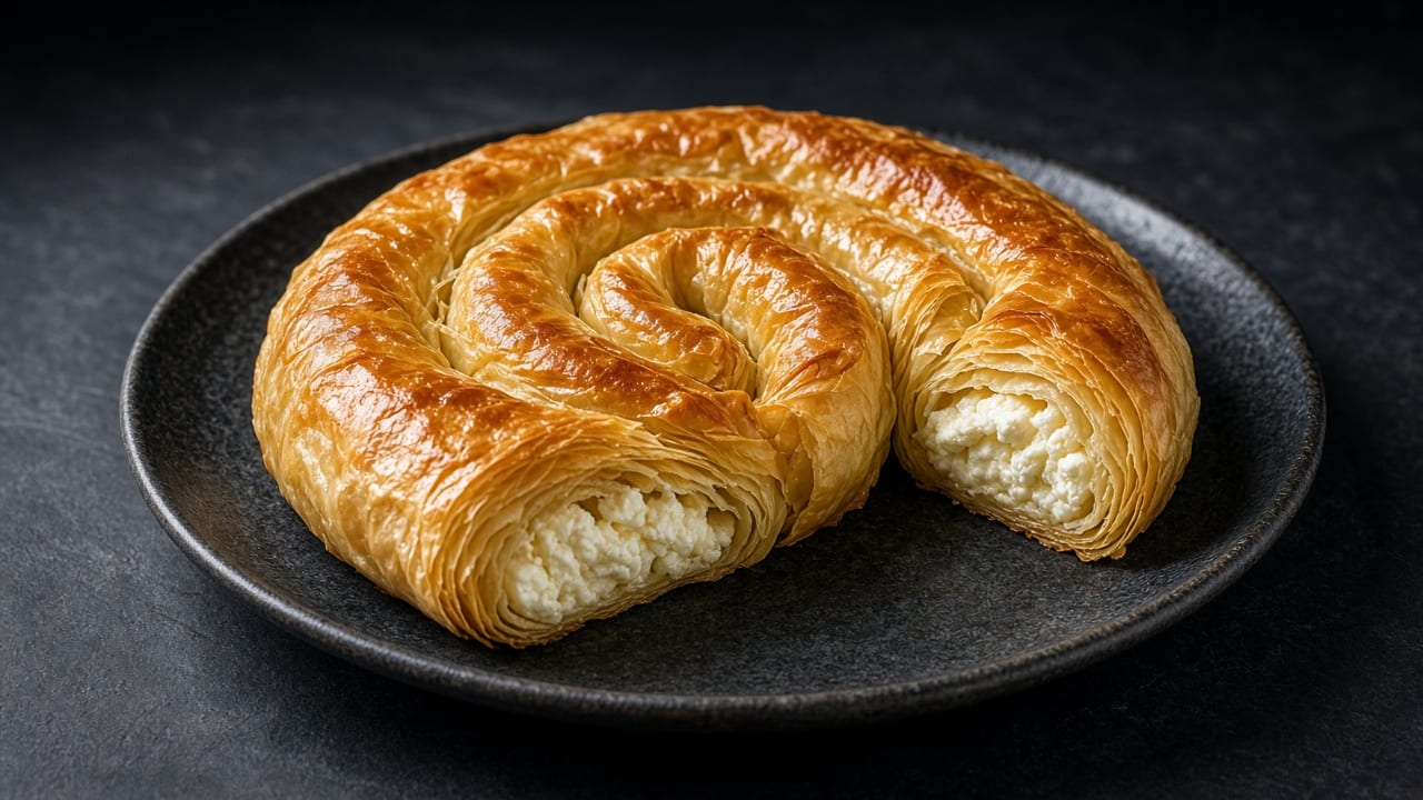 A golden spiral of crisp filo pastry filled with herbed cheese, cut into wedges revealing the coiled layers inside.