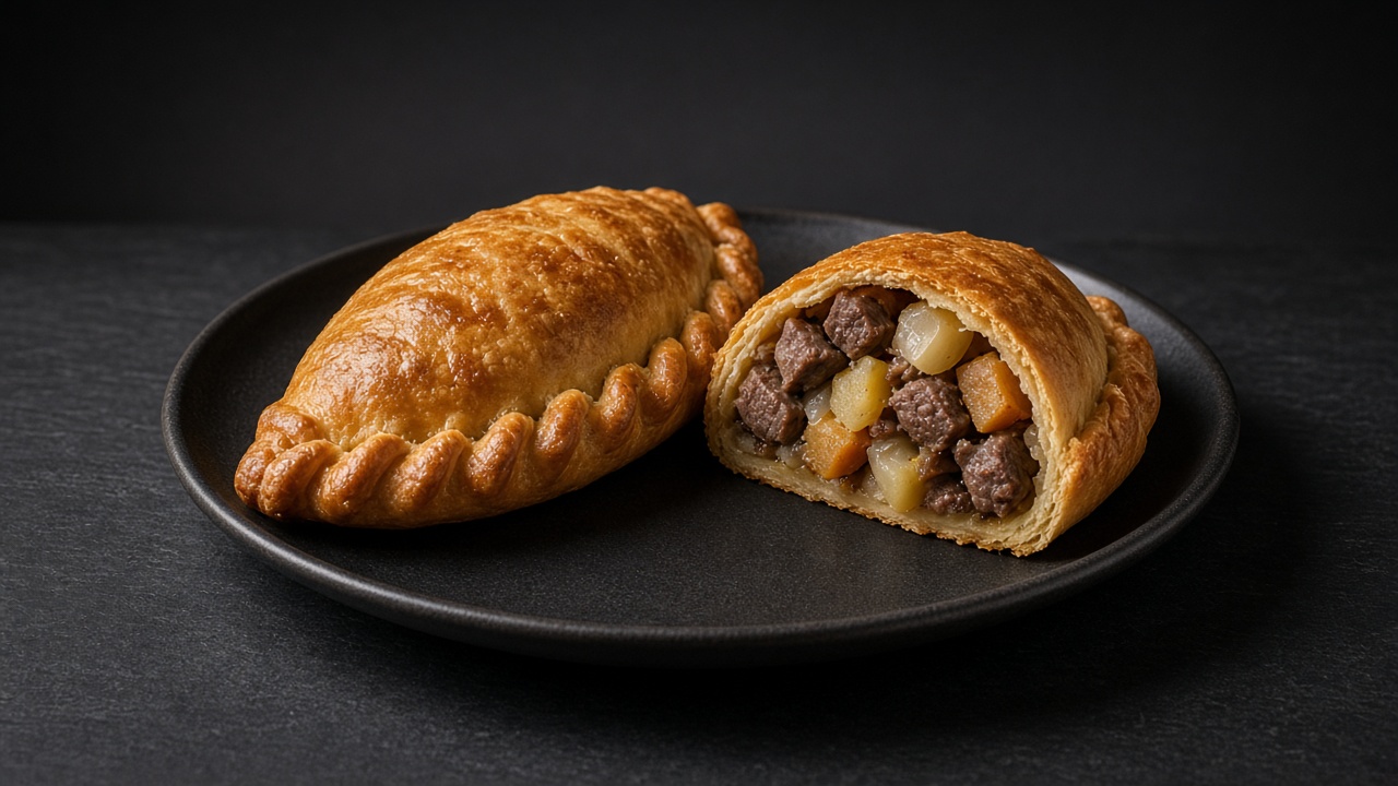 A golden crimped Cornish pasty beside a halved one showing chunky beef, potato and swede filling, on a dark plate.