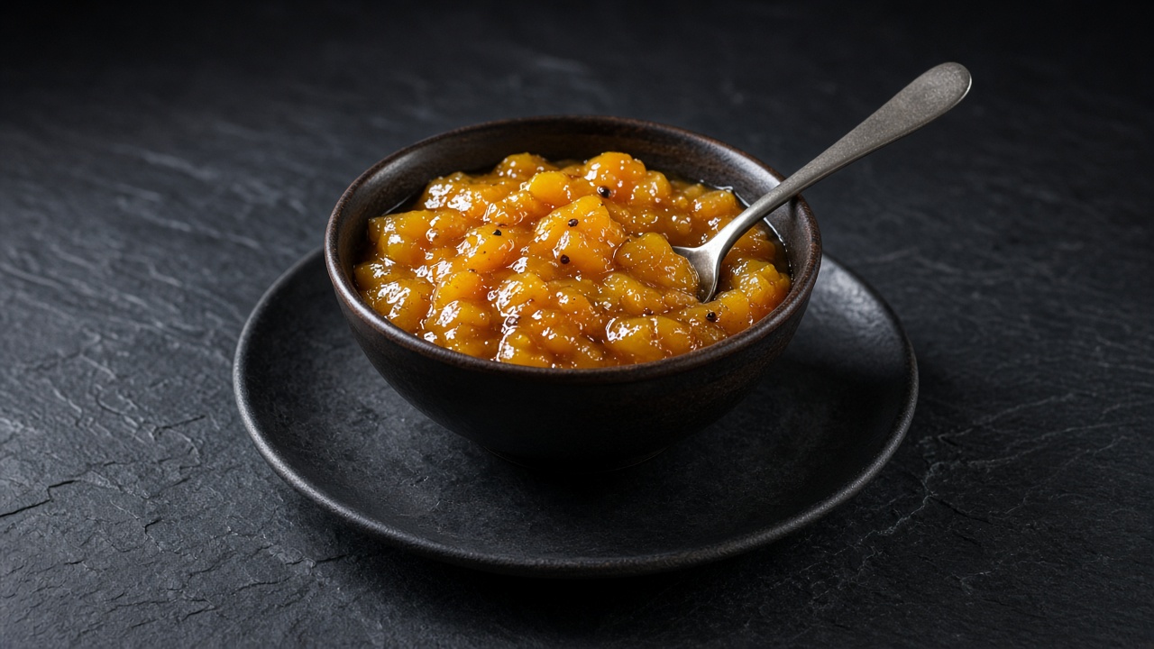 A dark bowl of glossy golden chunky mango chutney with a spoon on a dark plate.
