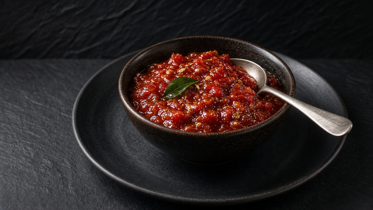 A dark bowl of chunky red tomato chutney topped with a single green bay leaf, with a spoon on a dark plate.
