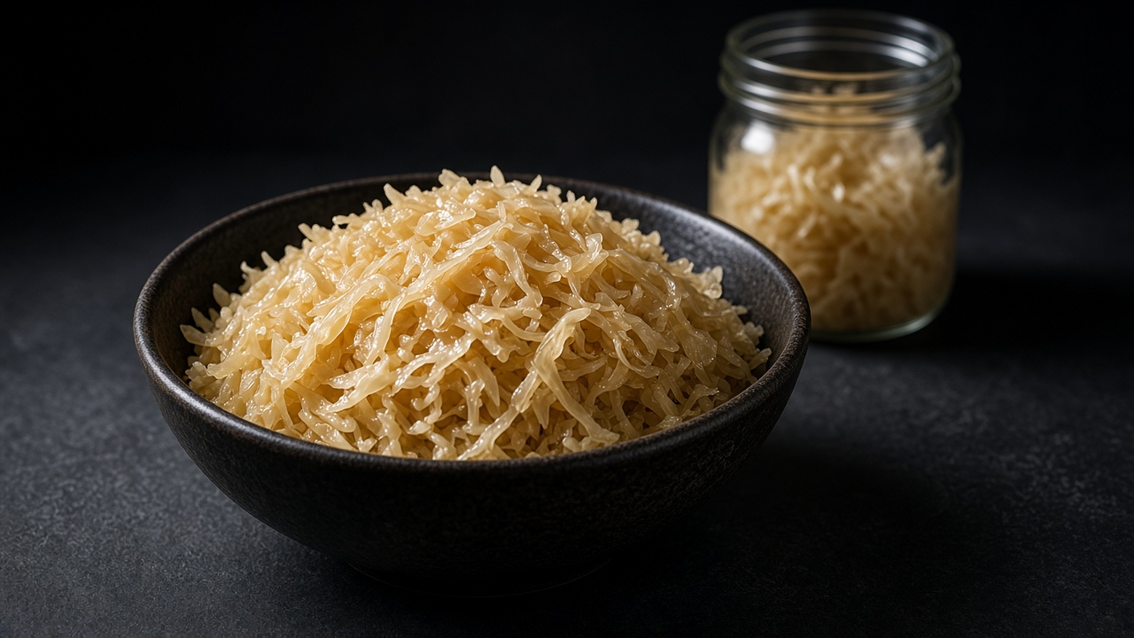 Pale golden shredded sauerkraut in a dark bowl, with a small glass jar of more behind it.