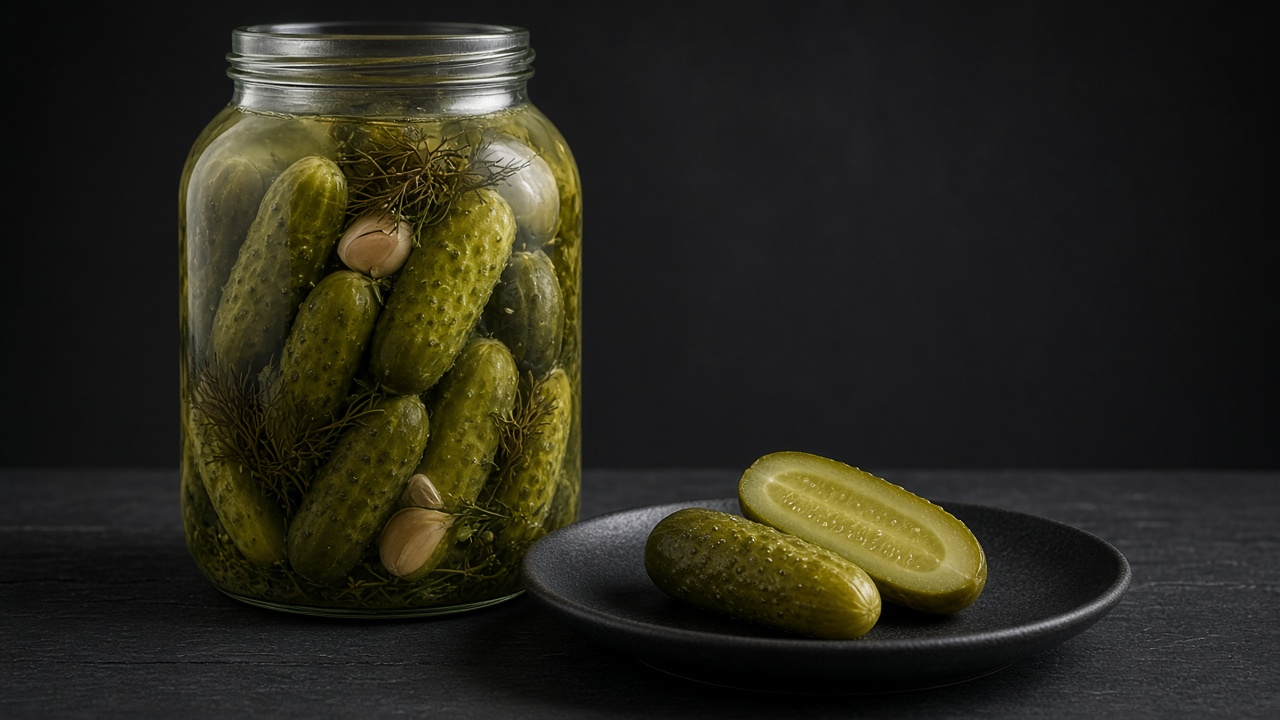 A tall glass jar of small cucumbers with dill and garlic in cloudy brine, two pickles on a plate beside it.