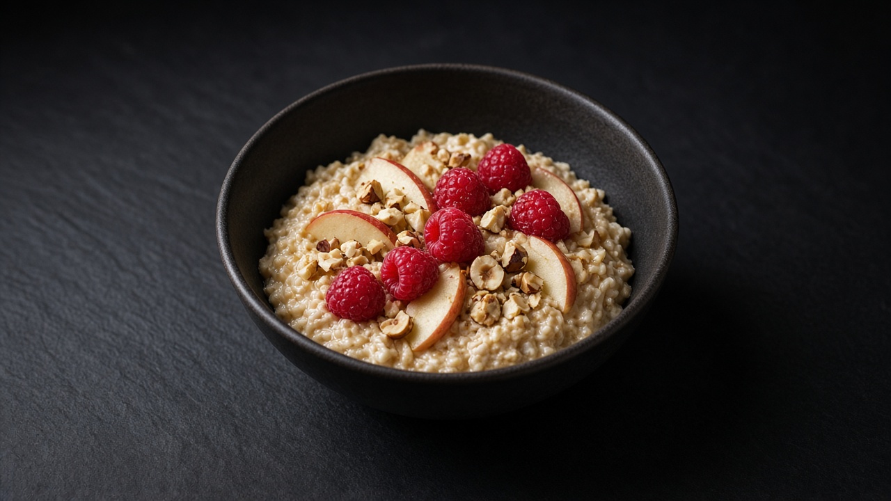 A bowl of creamy soaked muesli topped with raspberries and apple slices.
