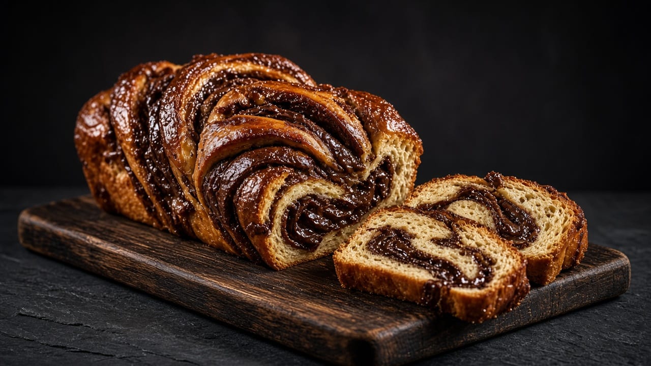 A twisted loaf with swirled layers of dark chocolate filling, glazed to a shine on top.