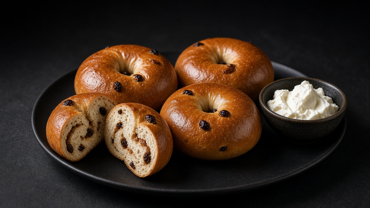 Cinnamon-raisin bagels studded with raisins, one split to show the swirled crumb, with cream cheese.