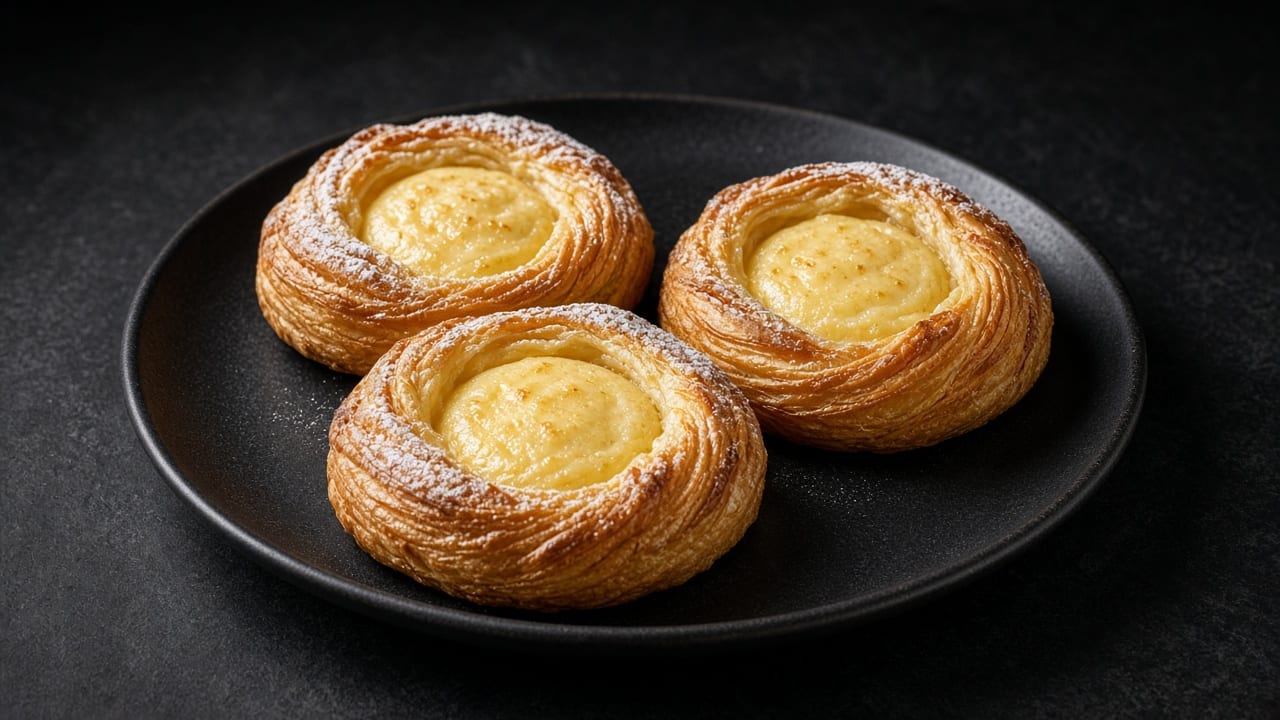 A golden Danish pastry rosette dusted with icing sugar, its centre filled with a pale, lemon-flecked baked cheese filling.