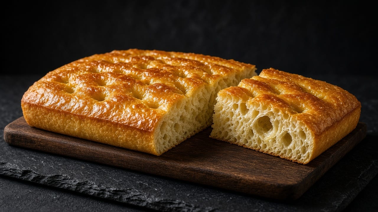 A golden, dimpled slab of focaccia on a wooden board, cut to show the airy crumb.